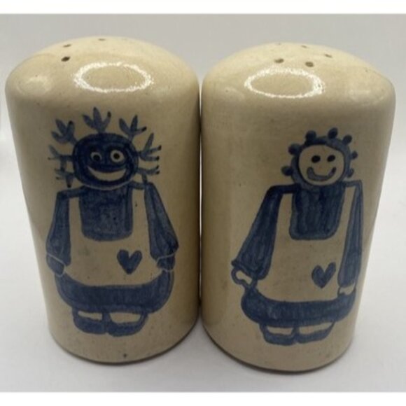 Folk Art Ceramic Blue & Cream Raggedy Ann Andy Dolls Salt & Pepper Shaker Set - Picture 1 of 5